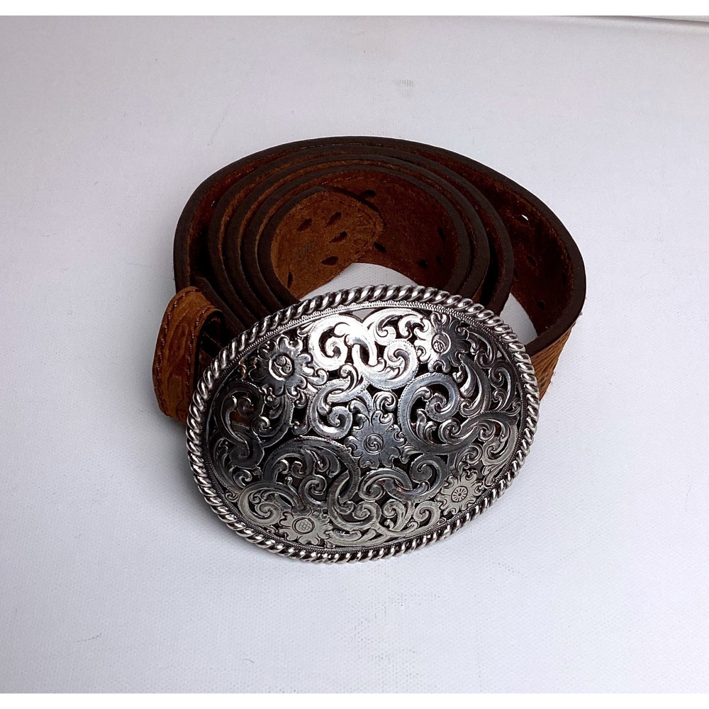Tony Lama Women's Bark Pierced Filigree Trophy Belt 1.5" Leather Sz 38 Western